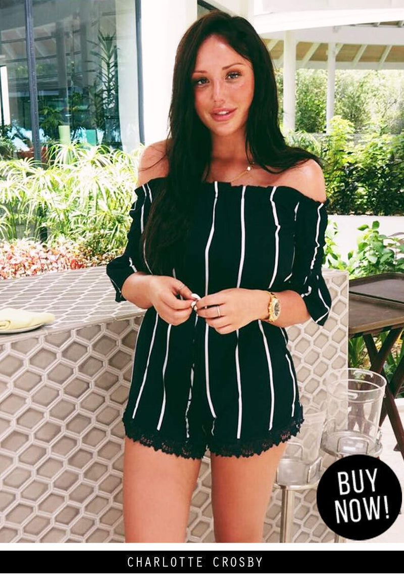 Navy Striped Off The Shoulder Bell Sleeve Playsuit