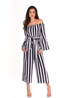 Navy Striped Off The Shoulder Jumpsuit