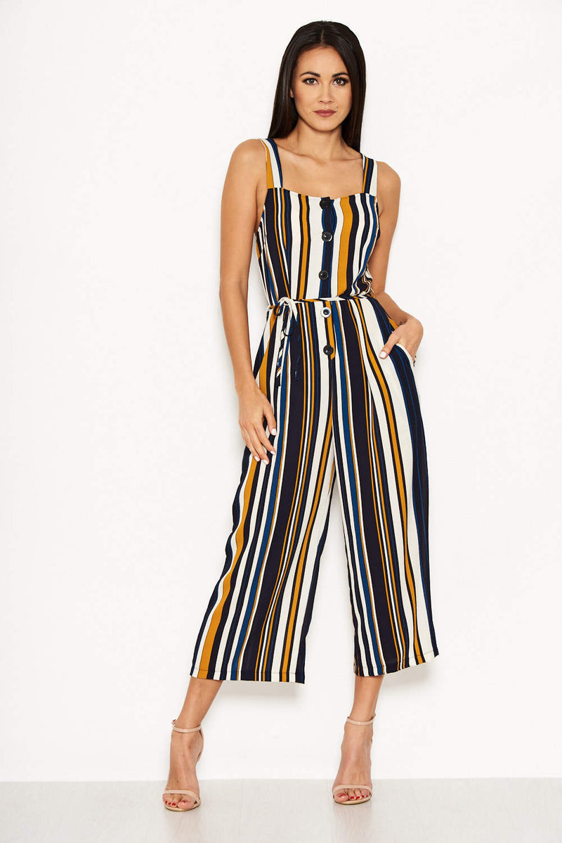 Navy Striped Button Front Jumpsuit