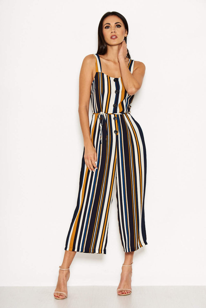 Navy Striped Button Front Jumpsuit