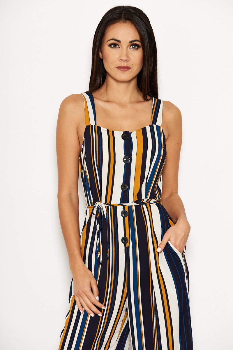 Navy Striped Button Front Jumpsuit AX Paris