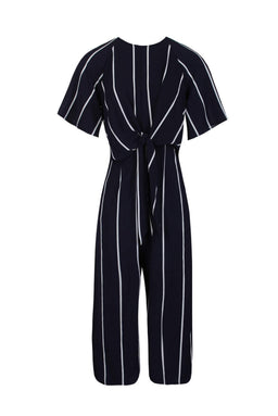 Navy Tie Front Striped Jumpsuit