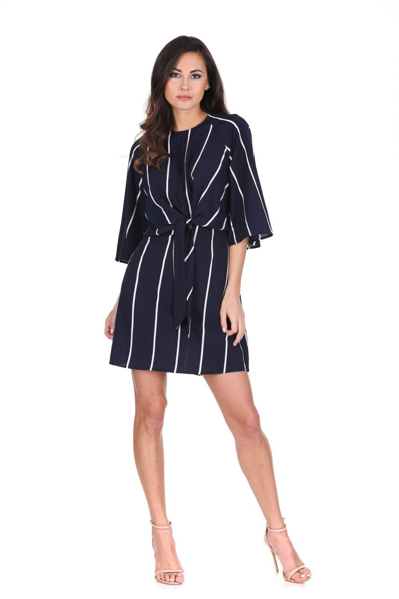 Navy Striped Tie Waist Mini Dress