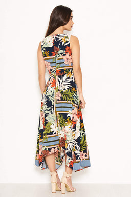 Navy Tropical V Neck Maxi Dress