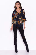 Navy V-Neck Floral Top With Tie Waist