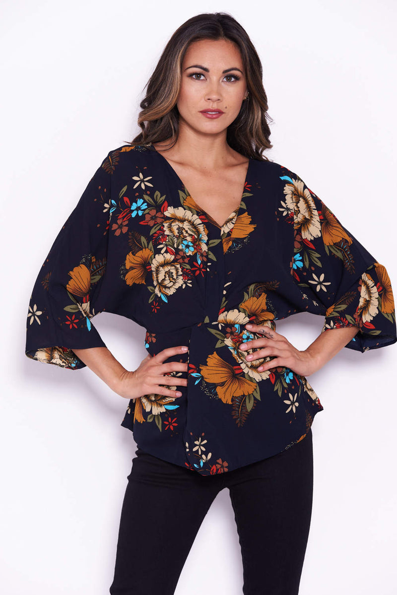 Navy V-Neck Floral Top With Tie Waist