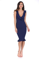 Navy V Neck Frill Detail Bodycon Dress