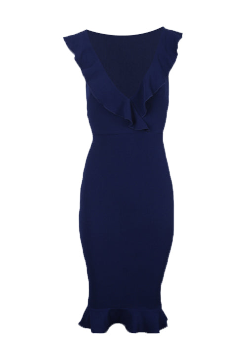 Navy V Neck Frill Detail Bodycon Dress