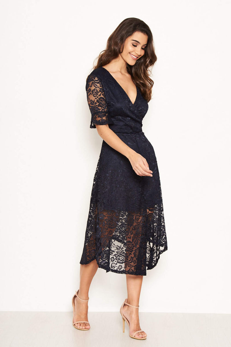 Navy Wrap Front Lace Dress