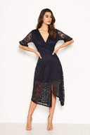 Navy Wrap Front Lace Dress