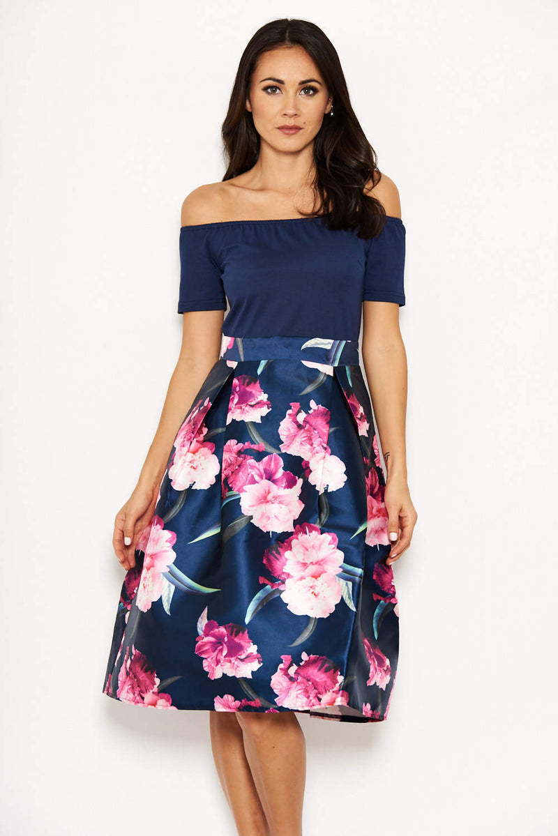 Navy 2 in 1 Floral Skater Dress