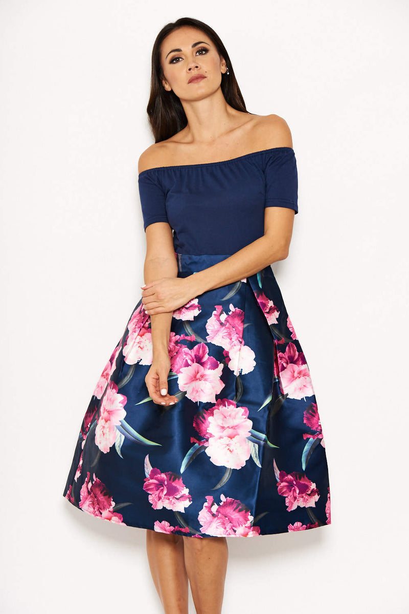 Navy 2 in 1 Floral Skater Dress