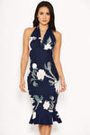 Navy Floral Backless Fishtail Midi Dress