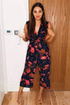 Navy Floral Culotte Jumpsuit With Tie Waist