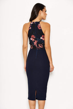 Navy High Neck Floral Dress