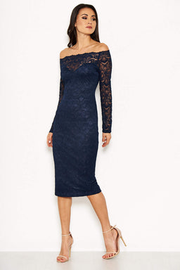 Navy Lace Off The Shoulder Midi Dress