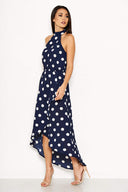 Navy Polka Dot Print High Neck Maxi Dress