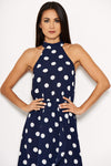 Navy Polka Dot Print High Neck Maxi Dress