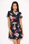 Navy Printed Frill Skater Dress