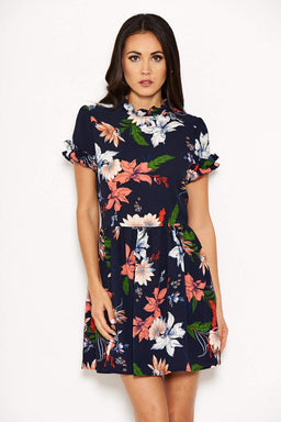 Navy Printed Frill Skater Dress