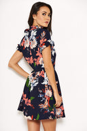 Navy Printed Frill Skater Dress