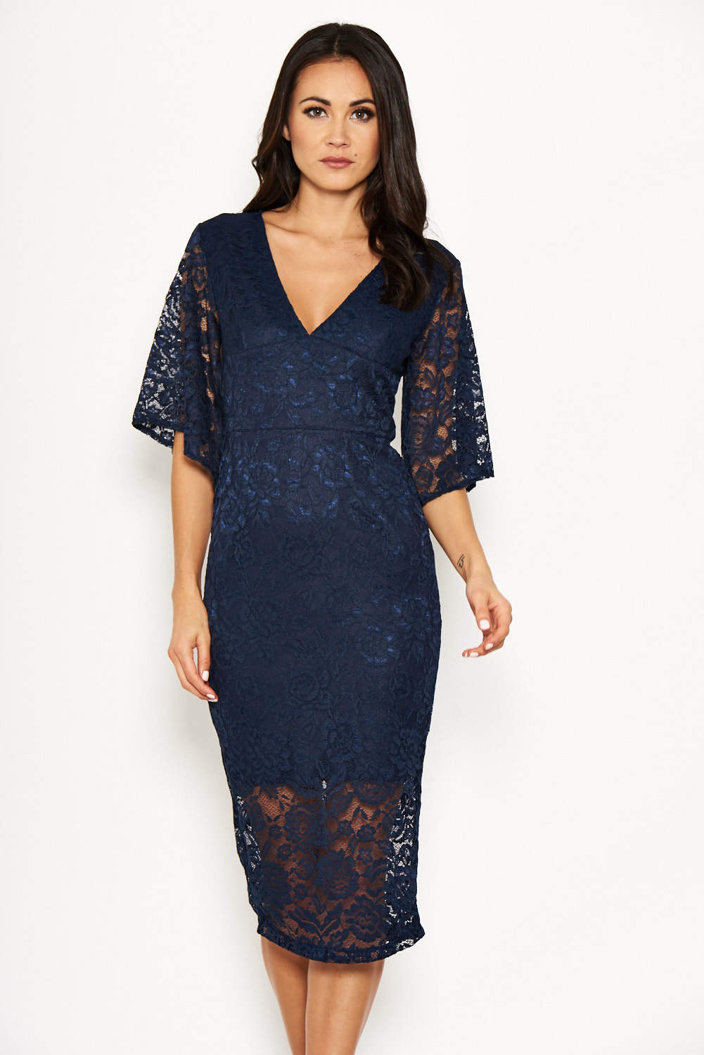 Navy Bell Sleeve Lace Dress – AX Paris