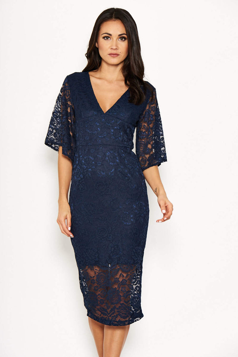 Navy Bell Sleeve Lace Dress AX Paris