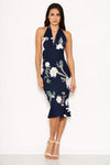 Navy Floral Backless Fishtail Midi Dress