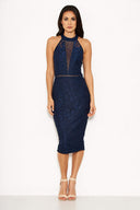 Navy Halter-Neck Lace Detail Midi Dress