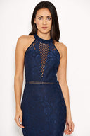 Navy Halter-Neck Lace Detail Midi Dress