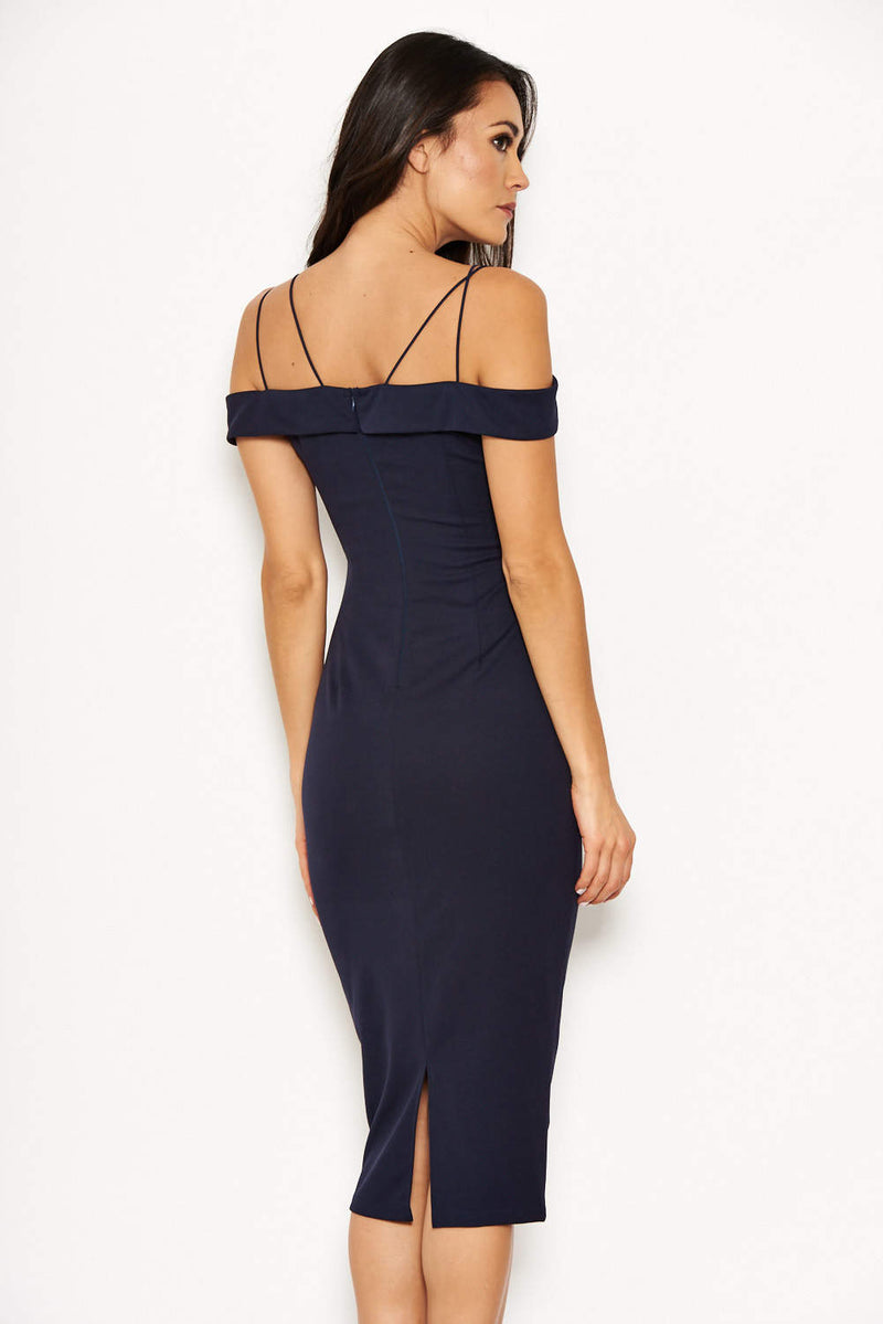 Navy Off The Shoulder Lace Midi Dress With Delicate Straps