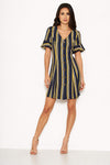 Navy Striped Print Button Up Midi Dress