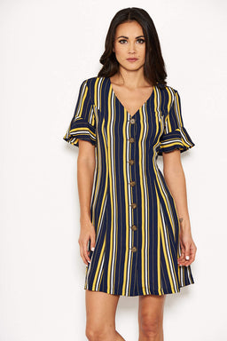 Navy Striped Print Button Up Midi Dress
