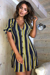 Navy Striped Print Button Up Midi Dress