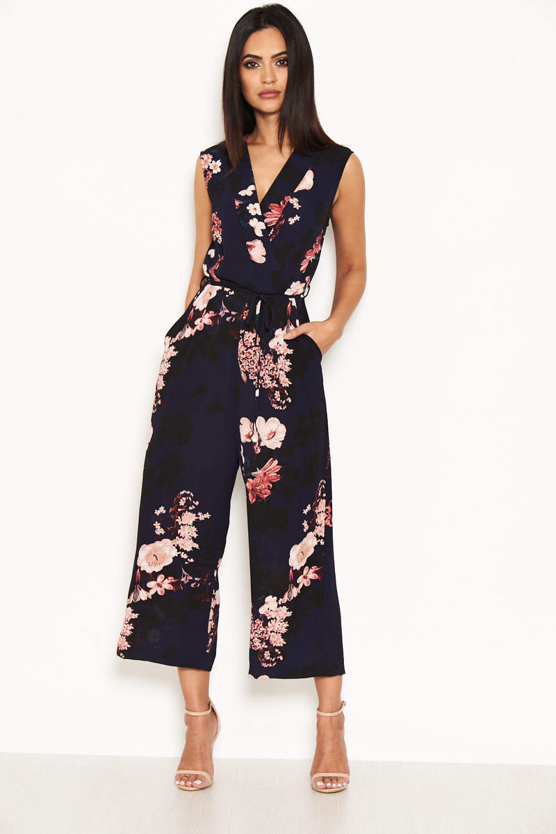 Navy Floral Culotte Jumpsuit With V Neck