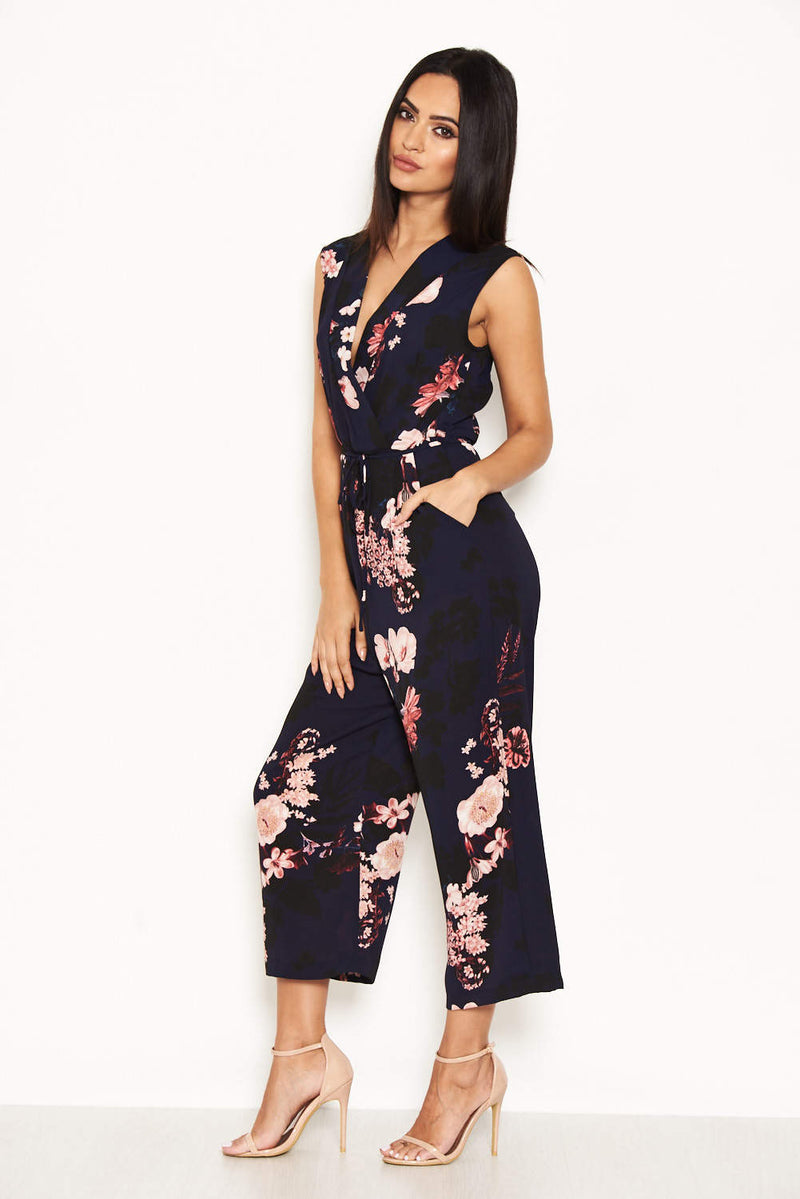 Navy Floral Culotte Jumpsuit With V Neck – AX Paris