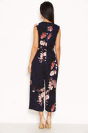 Navy Floral Culotte Jumpsuit With V Neck