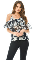 Navy Chiffon Cut Out Shoulder Frill Top