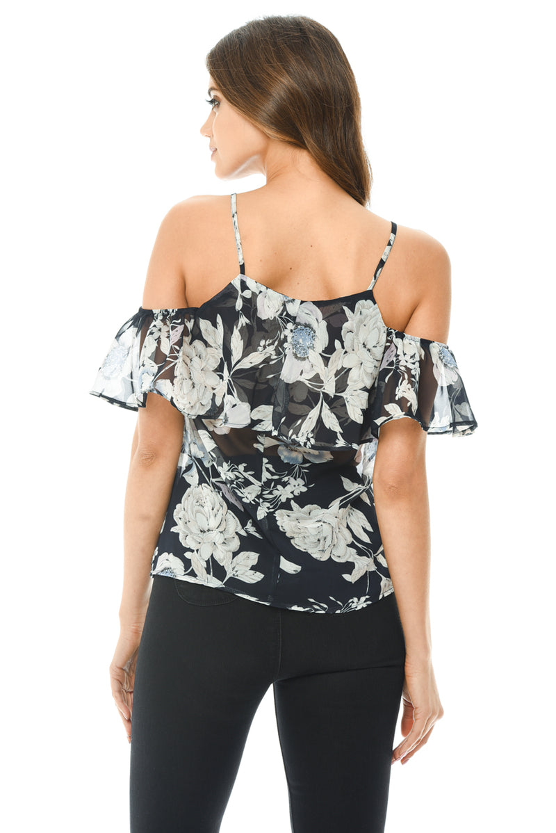 Navy Chiffon Cut Out Shoulder Frill Top