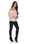 Nude Bardot Top With Ruched Sleeves