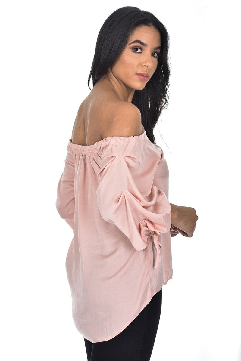 Nude Bardot Top With Ruched Sleeves