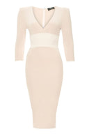 Nude Bodycon With Bandage Waist And Wrap Over Details