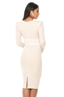 Nude Bodycon With Bandage Waist And Wrap Over Details