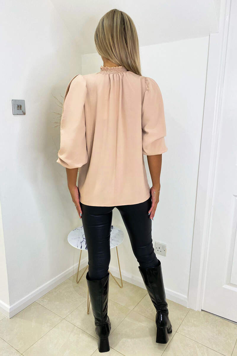 Nude Elasticated Neck Puff Sleeve Blouse