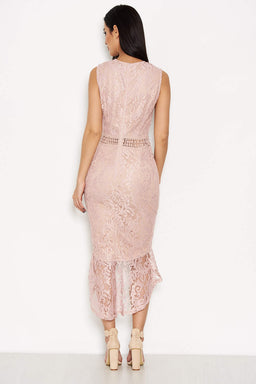 Nude Fishtail Hem Lace Midi Dress