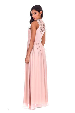 Nude High Neck Crochet Maxi Dress