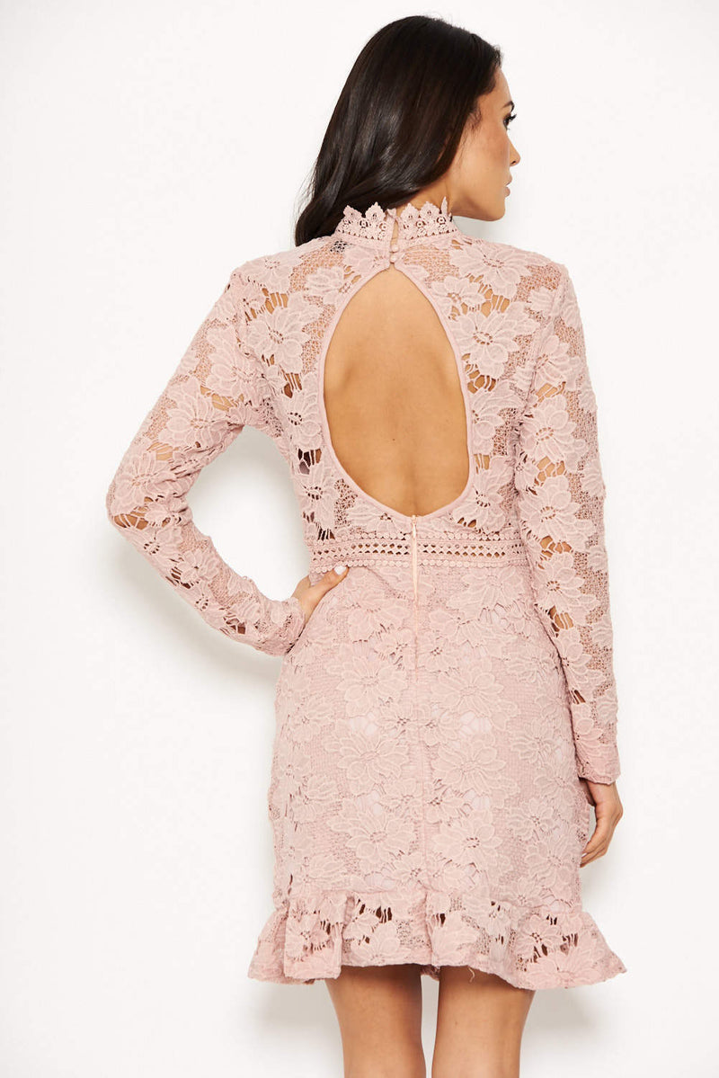 Nude Lace Dress With Frill Hem And Cut Out Back