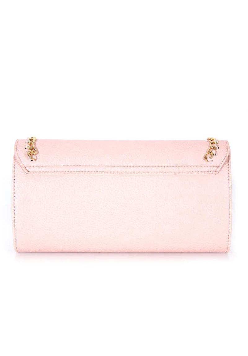 Nude Leather Look Clutch with Gold Chain Detail