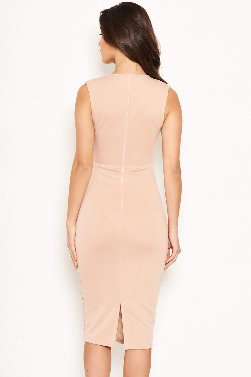 Nude Midi Dress With Lace Contrast Front