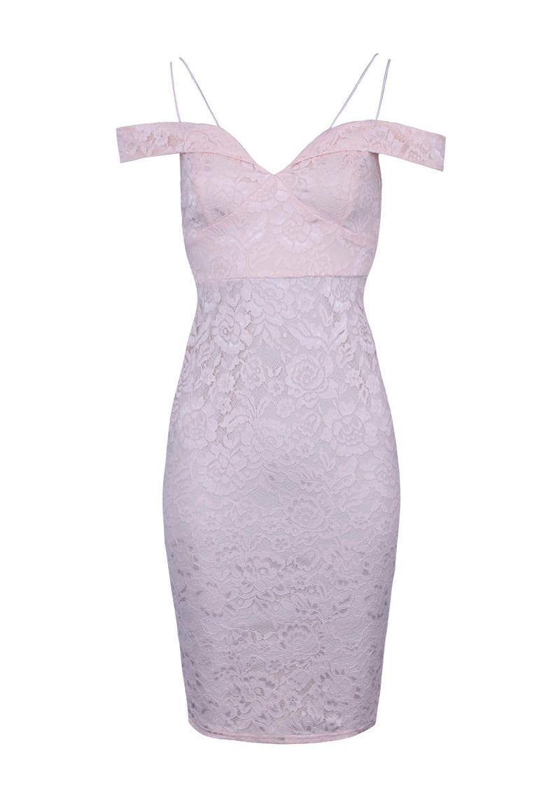 Nude Off The Shoulder Strappy Lace Midi Dress